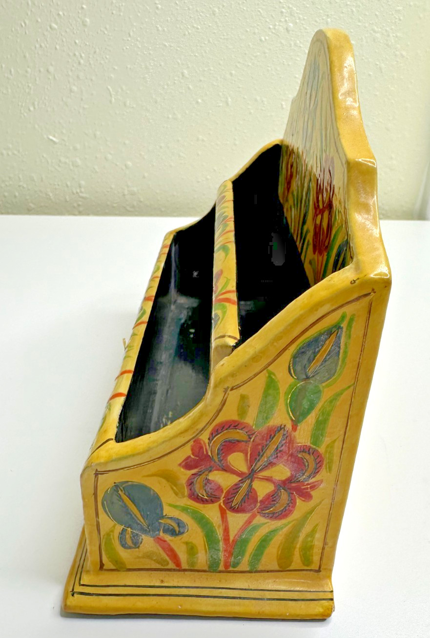 Desktop Letter Holder Yellow Painted Floral Organizer Paper Mache