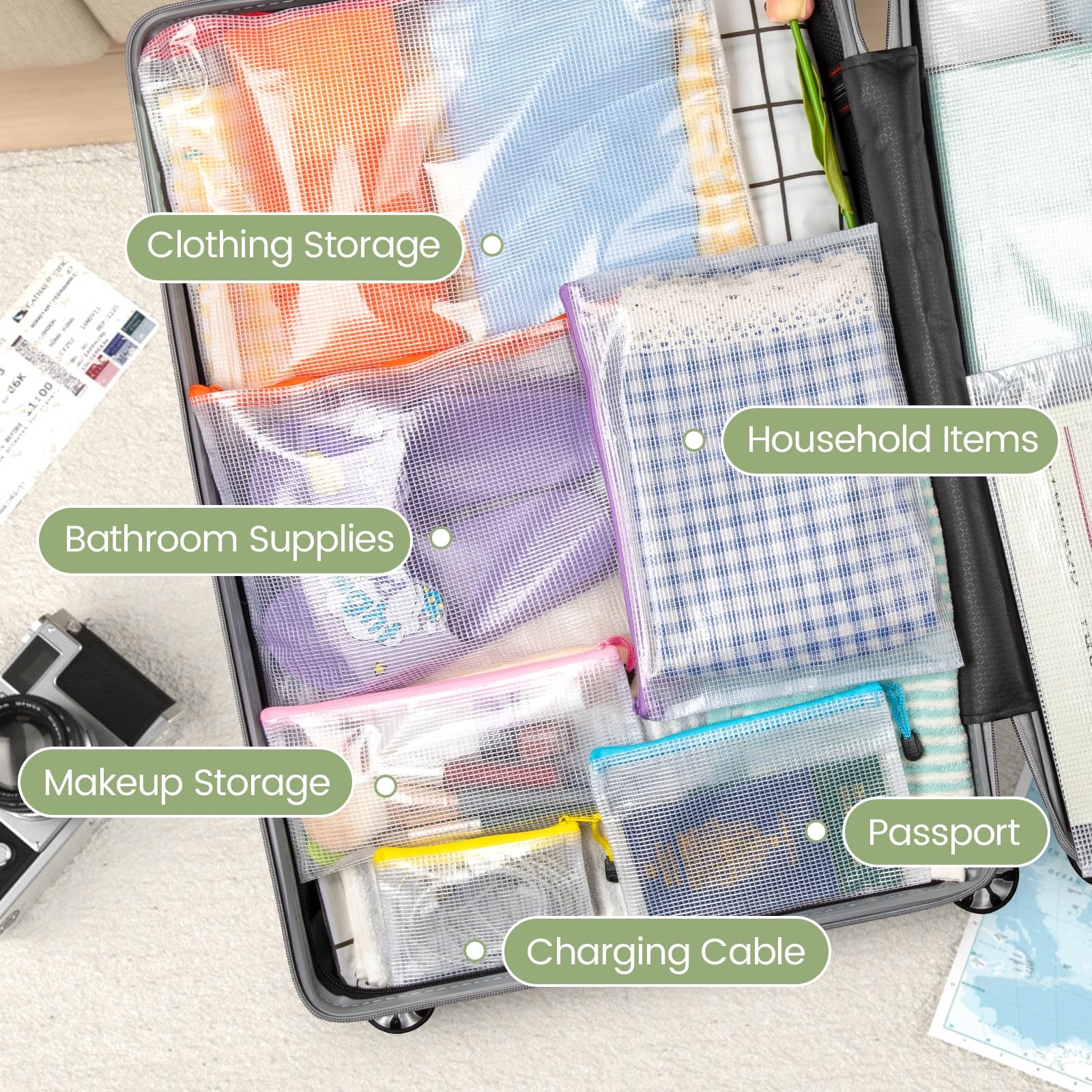 32 PCS Mesh Zipper Pouches 8 Sizes 8 Colors Waterproof Storage Bags