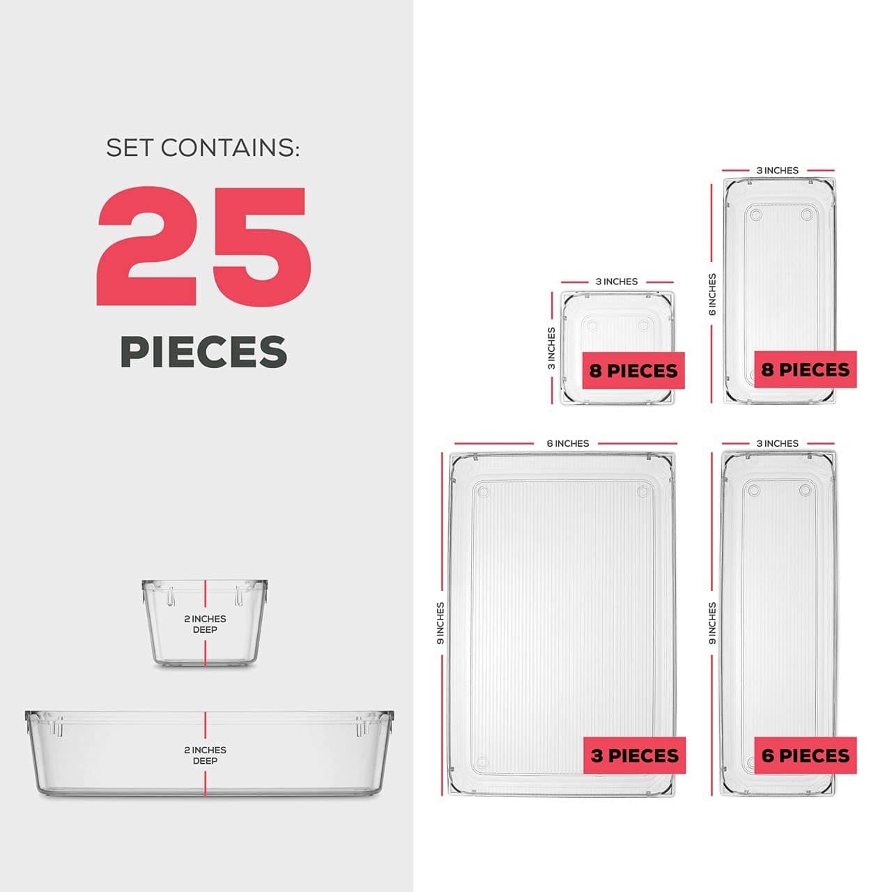 Seseno 25 PCS Clear Plastic Drawer Organizers Set, 4-Size 25 Piece,