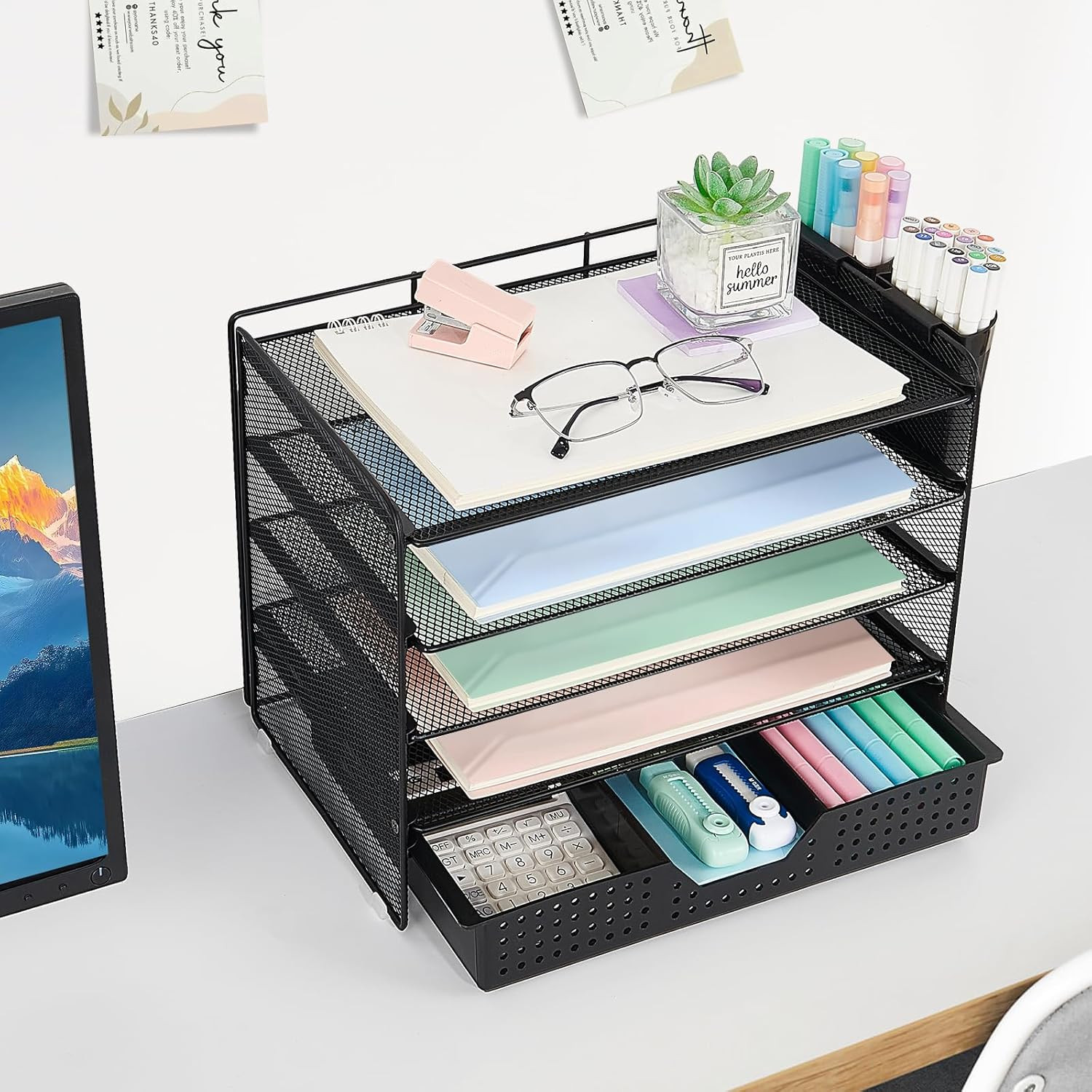 Desk Organizer and Accessories, 5-Tier Paper Letter Tray Organizer with Drawer &