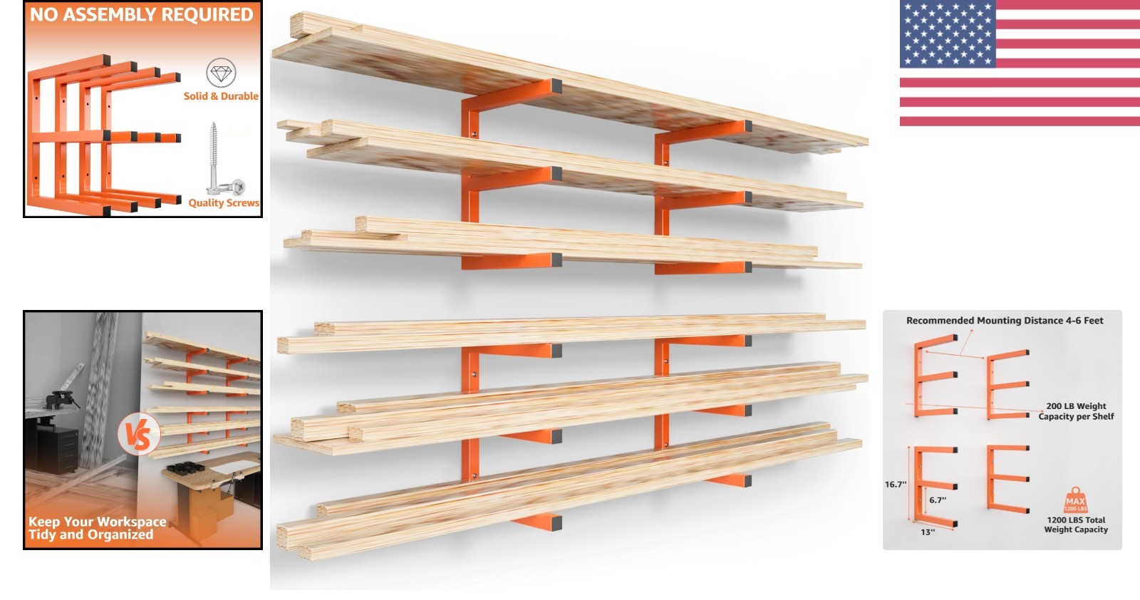 Scratch Resistant Wall Mount Lumber Storage Rack Heavy Duty 1200 LBS Orange