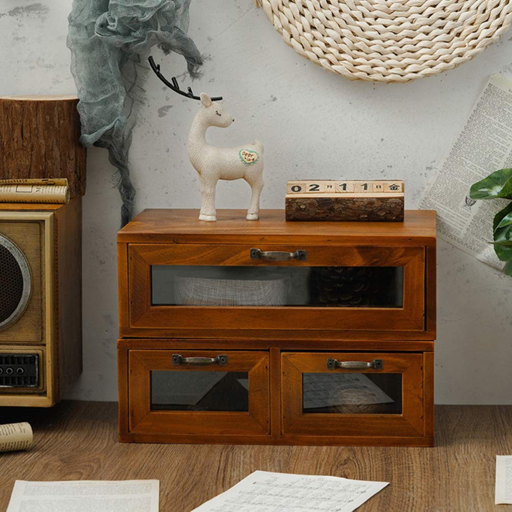 LIFKOME Wood Desk Organizer, 2 Drawers Bamboo Storage Box, Coffee Brown