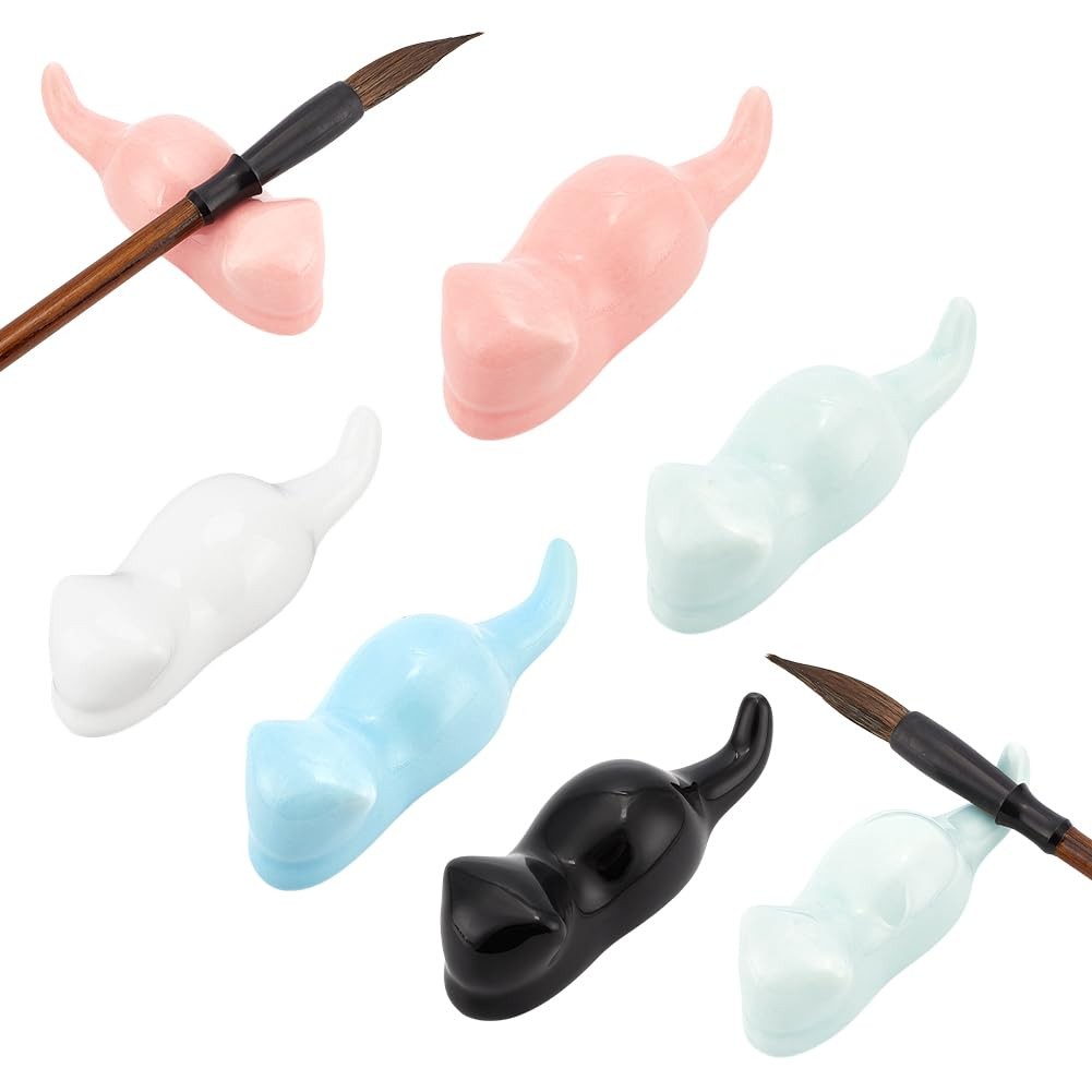5pcs Chinese Calligraphy Brushes Rest Stand 5 Colors Ceramics Cat Shape Brush…