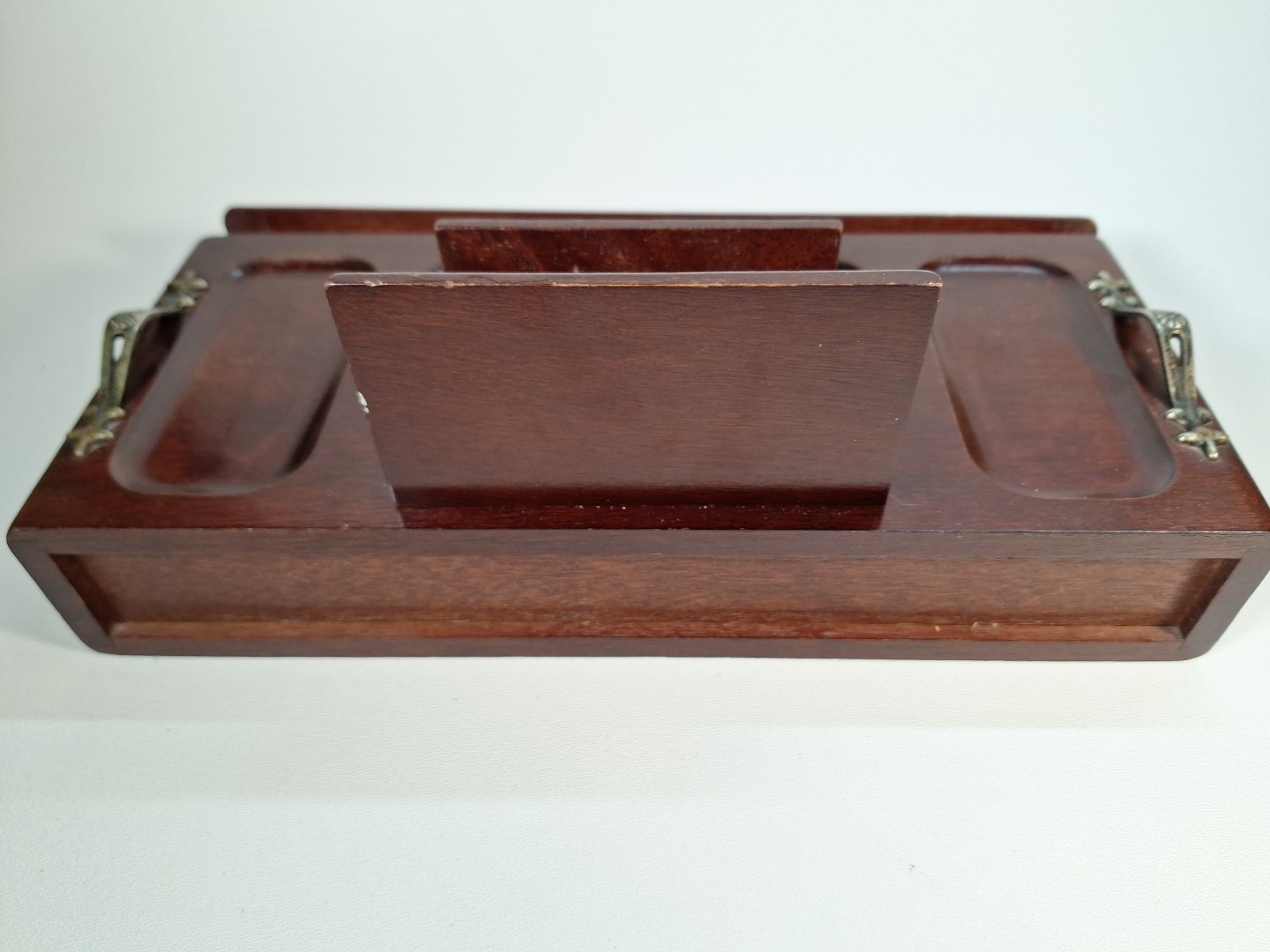 Vintage Wooden Desk Organizer With Metal Handle & Compartment/Drawer