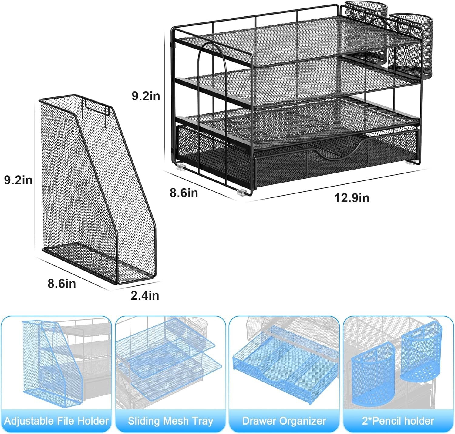 Durable Rust Resistant Black Desk Organizer with Drawer & Pen Holders, 4-Tier