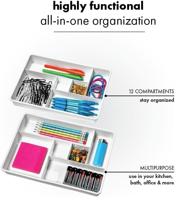 Set of 2 Plastic 6-Compartment Drawer Organizer Gadget Trays, Multipurpose St…