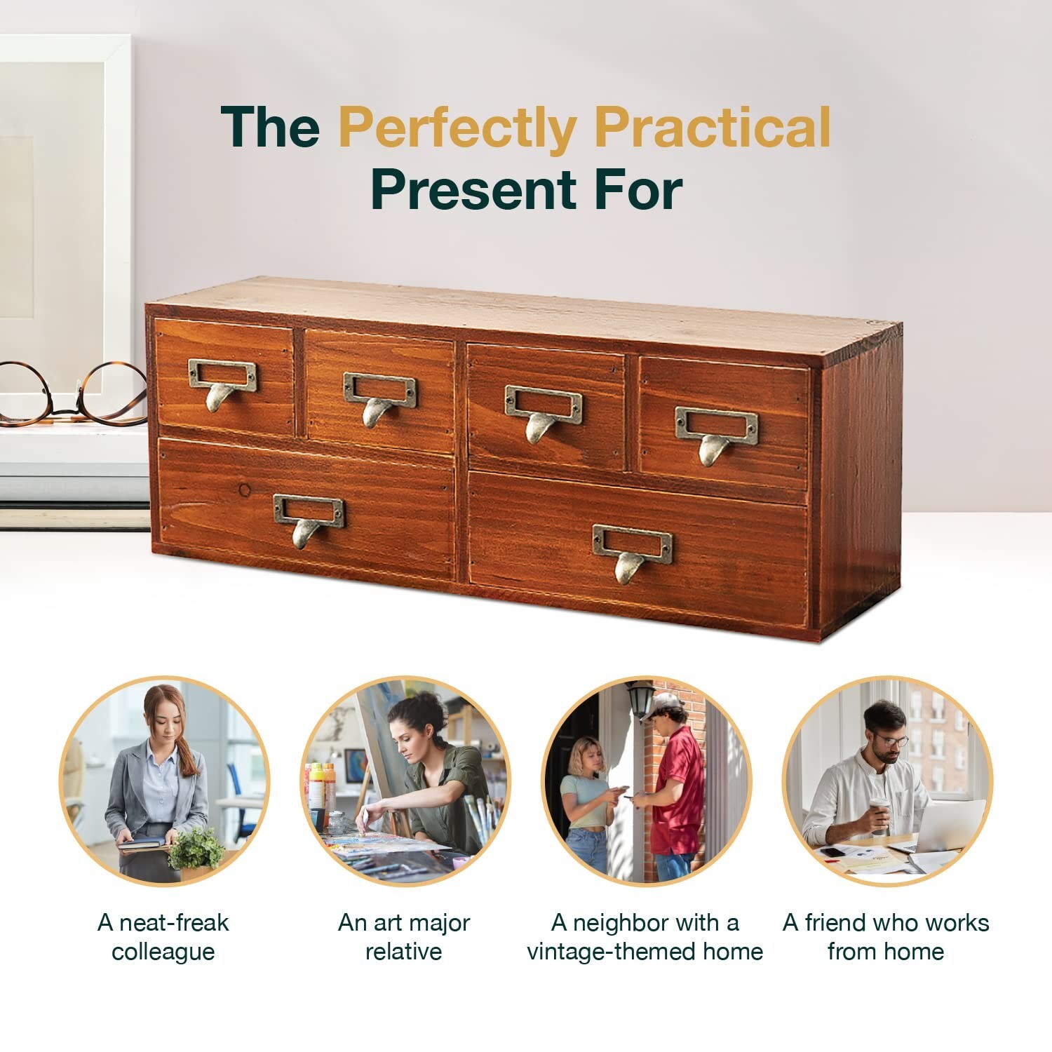 6-Drawer Vintage Desk Organizer Classic Brown Wood Storage Drawers for Tablet…