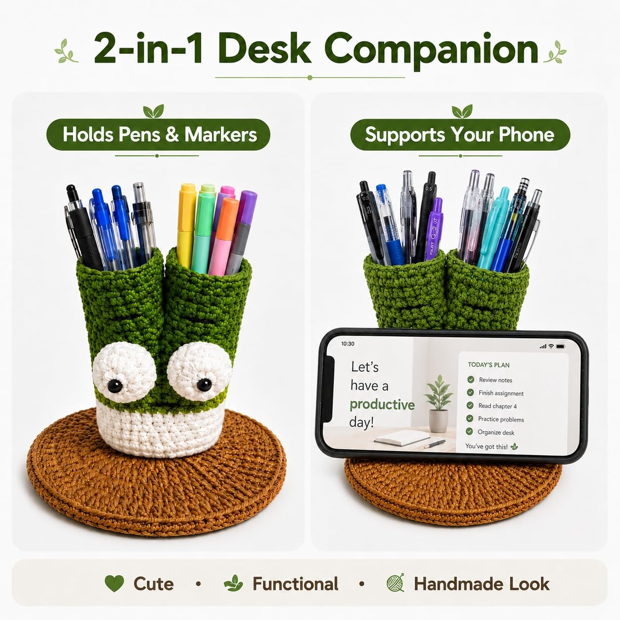 Cute Crochet Pen Holder for Desk – Handmade Green Onion Pencil Cup with Stand…
