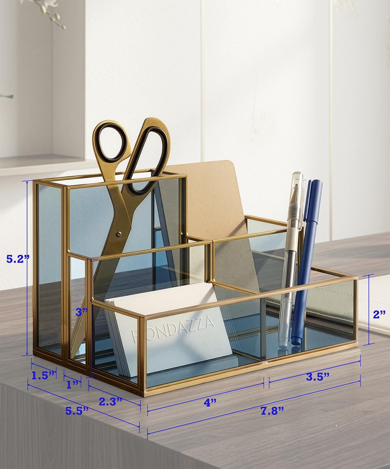 5-Compartment Desk Organizer for Home Office Supplies, Gold Brass with Blue G…