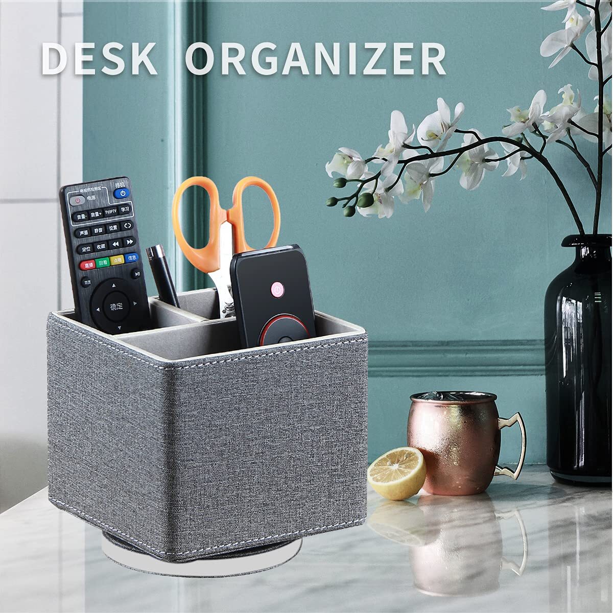 Remote Control Holder PU Leather 360 Swivel Makeup Office Storage Caddy