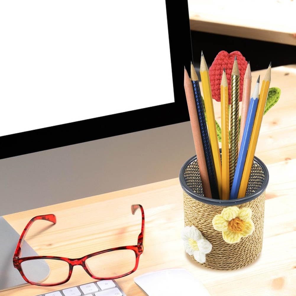 Crochet Tulip Pencil Holder Handmade Woolen Yarn Flower Pen Holder Desktop St…