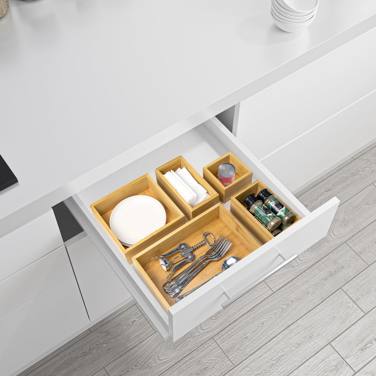 VaeFae 5 PCS Bamboo Drawer Organizers Set, 5-size Organizer Box, Natural