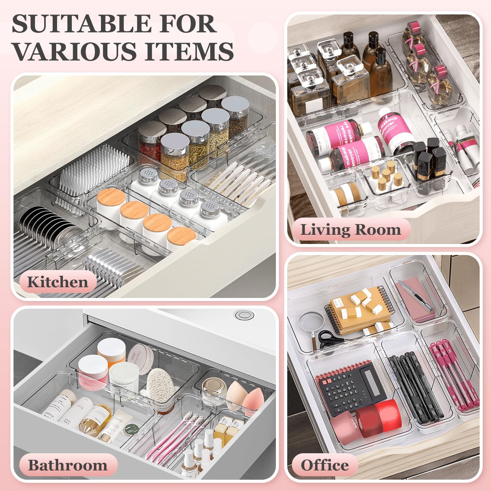 Dilibra 12 Pcs Clear Extendable Drawer Organizer Adjustable Drawer Storage