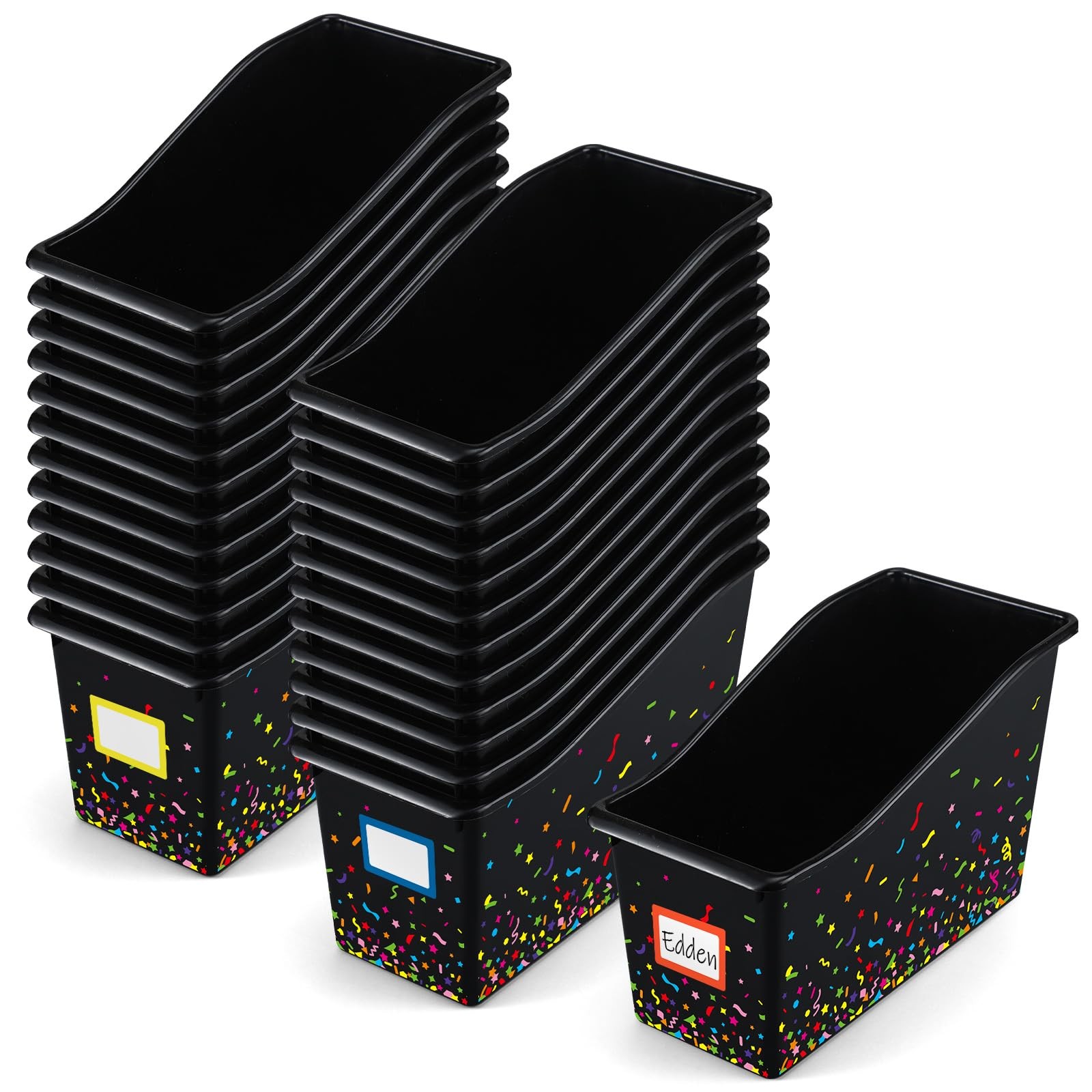 24 Pack Black Book Bins for Classroom Bulk Confetti Book and Binder Holders w…