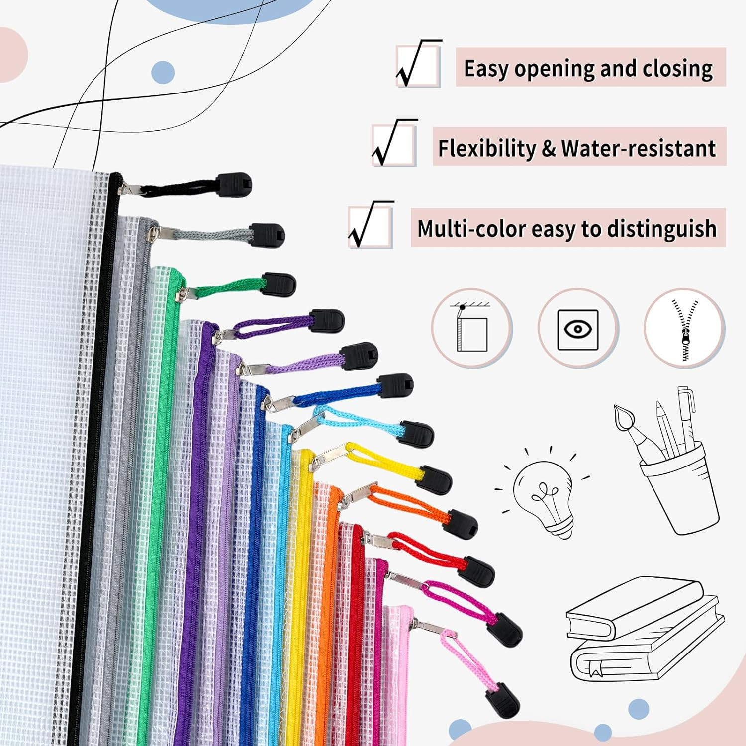 72Pcs Mesh Zipper Pouch A4 Size 12 Colors Waterproof Zipper File Bags Organizer