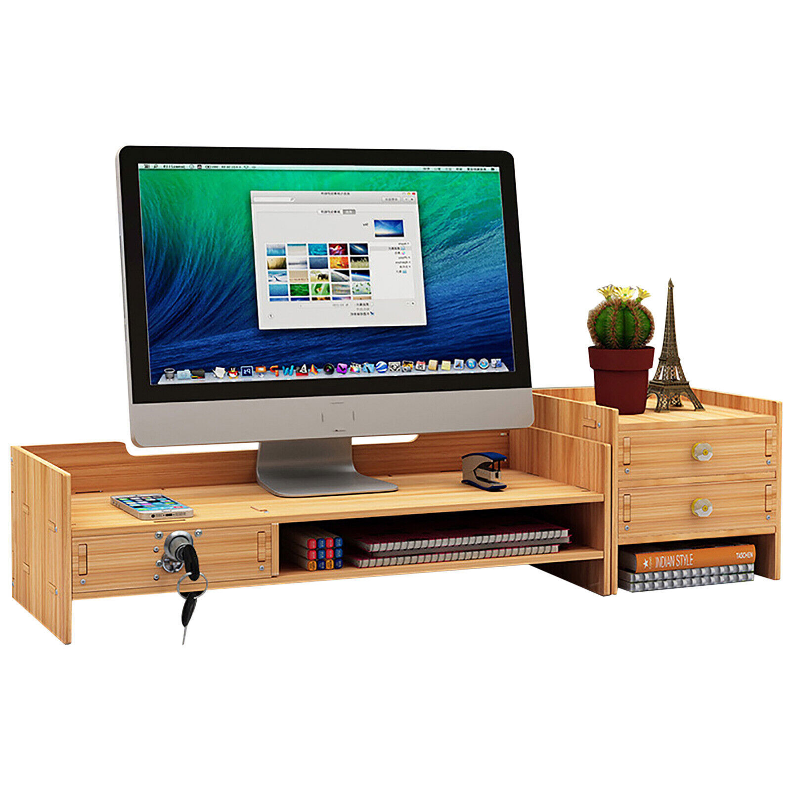 Wooden Desk Organizer with Drawers Office Supplies Computer Desktop Tabletop