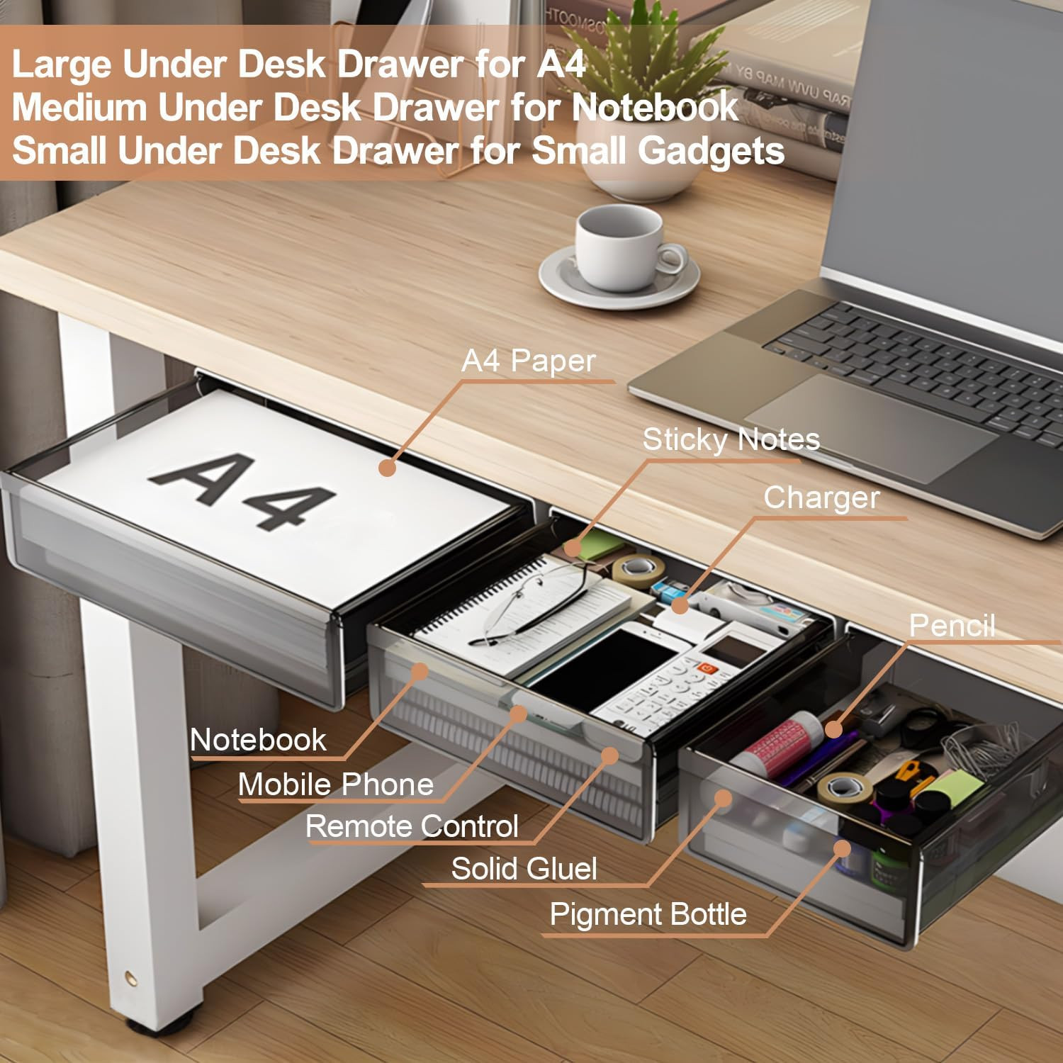 Under Desk Slide Out Drawer Organizer 3 Pack Large Medium Small SML