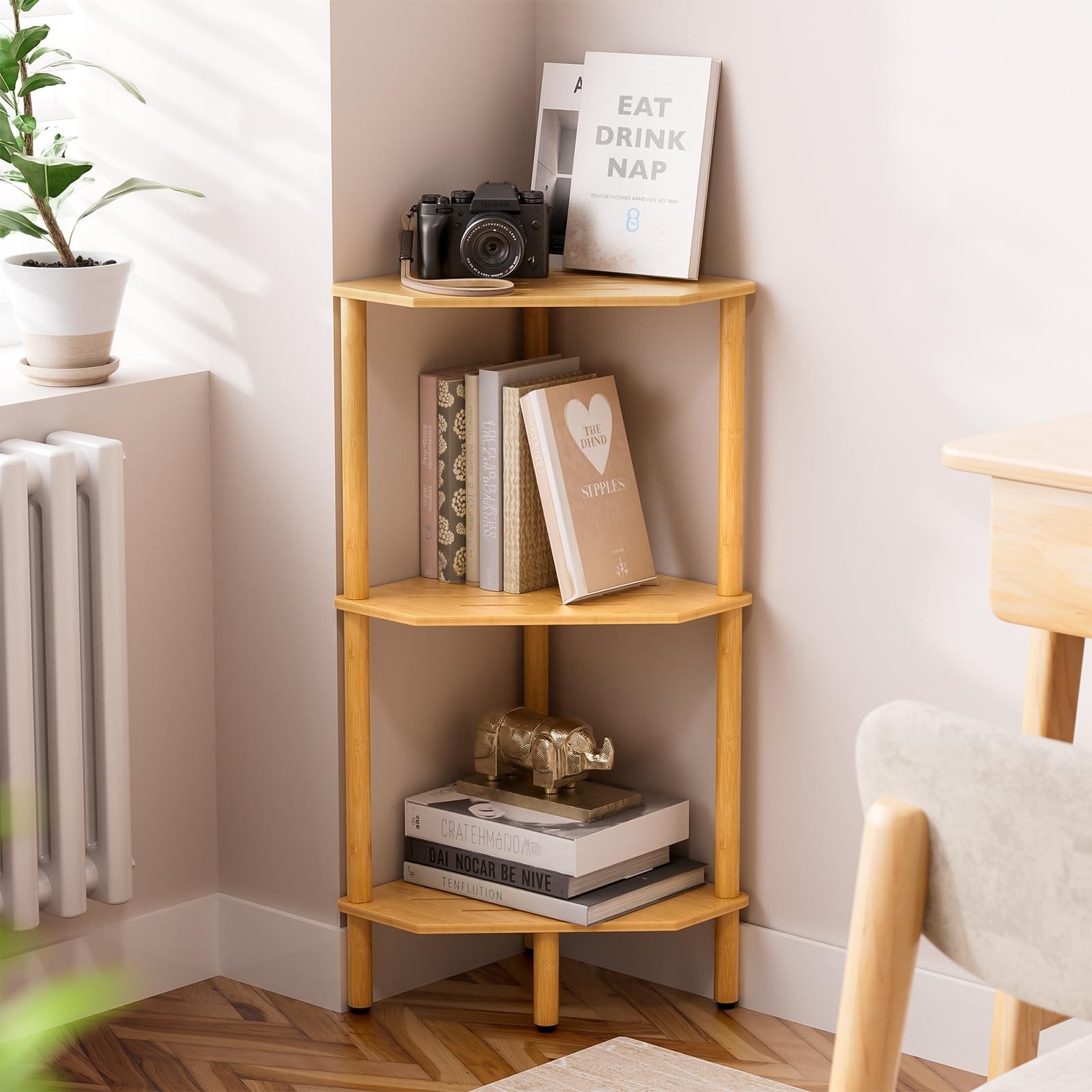 3 Tier Bamboo Corner Shelf, Storage Stand with Adjustable Feet, Small Space C…