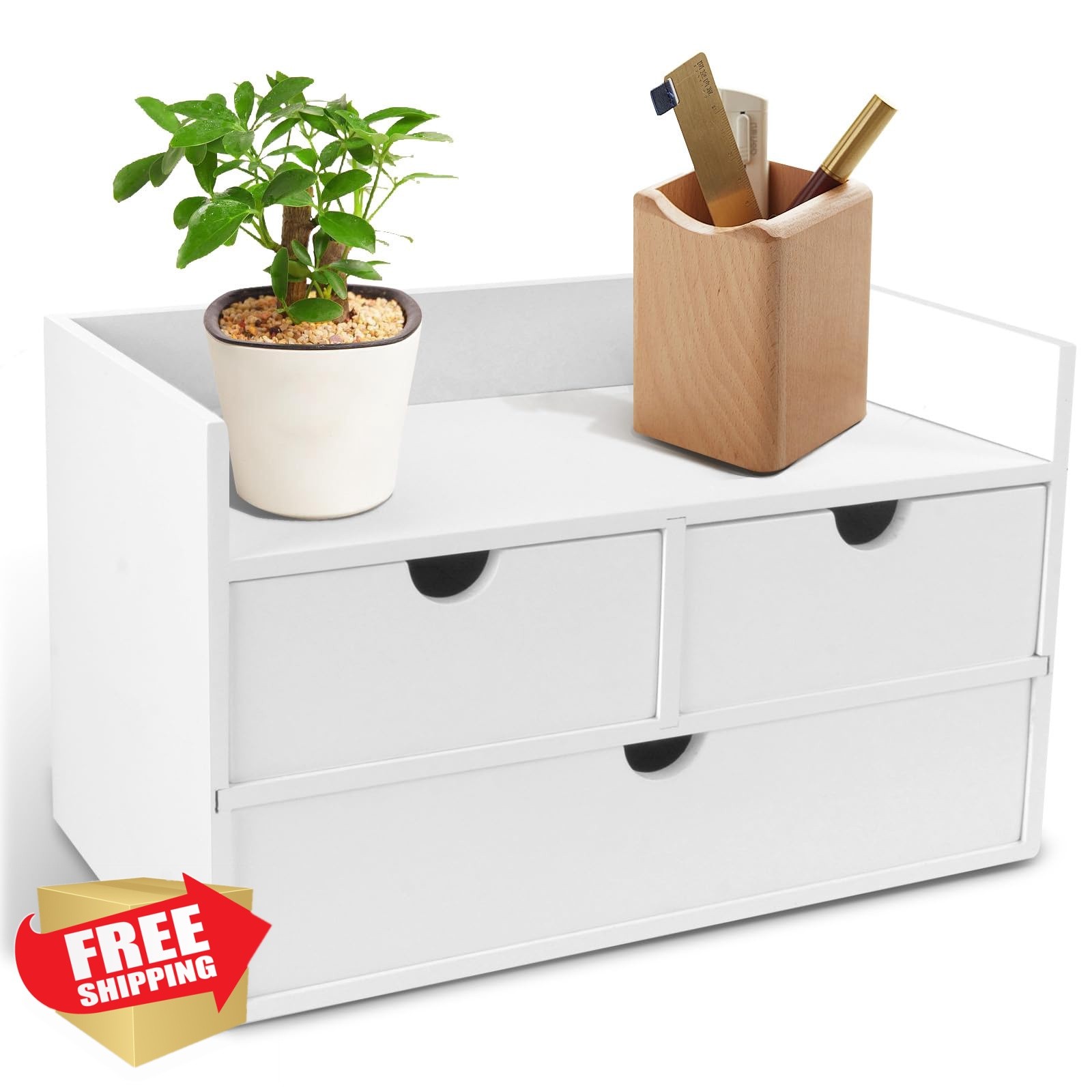 Charmewooden desk organizer, white with shelf