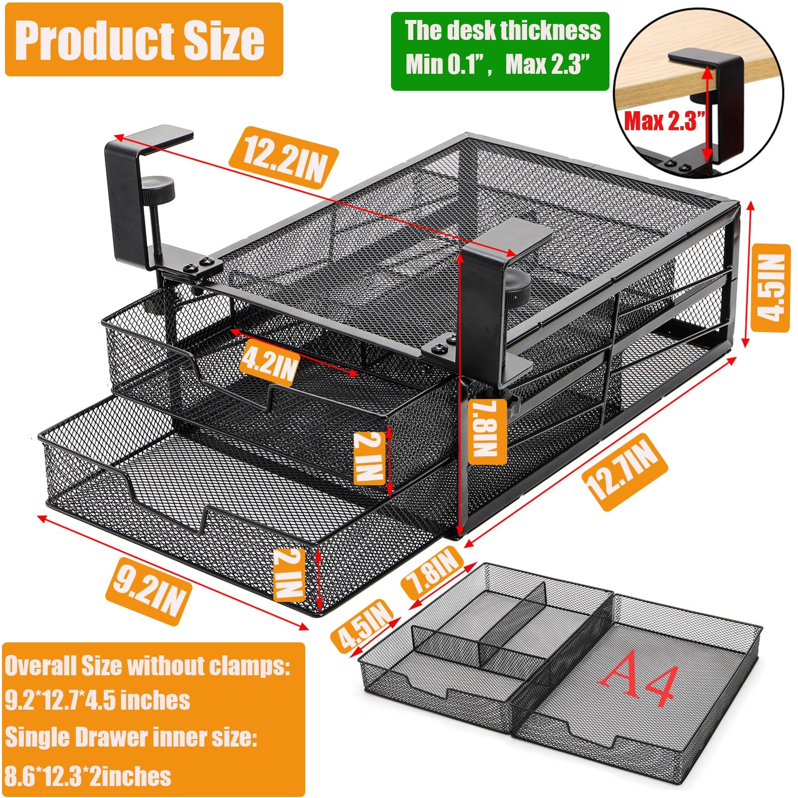 Cedilis Under Desk Drawer Organizer Slide Out, 2-Tier Metal Table Black