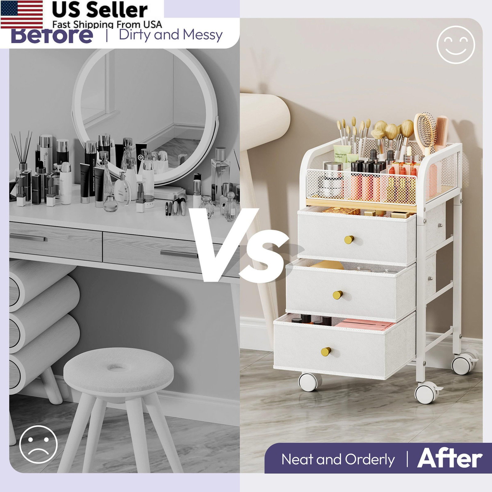 SWTYMIKI Rolling Makeup Organizer Cart – Under Desk Vanity 4-Tier, White