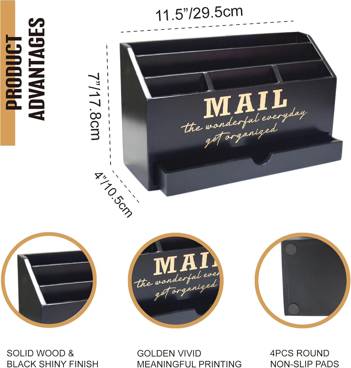 Wooden Black Rustic Countertop Mail Storage Holder with Drawer and Compartments