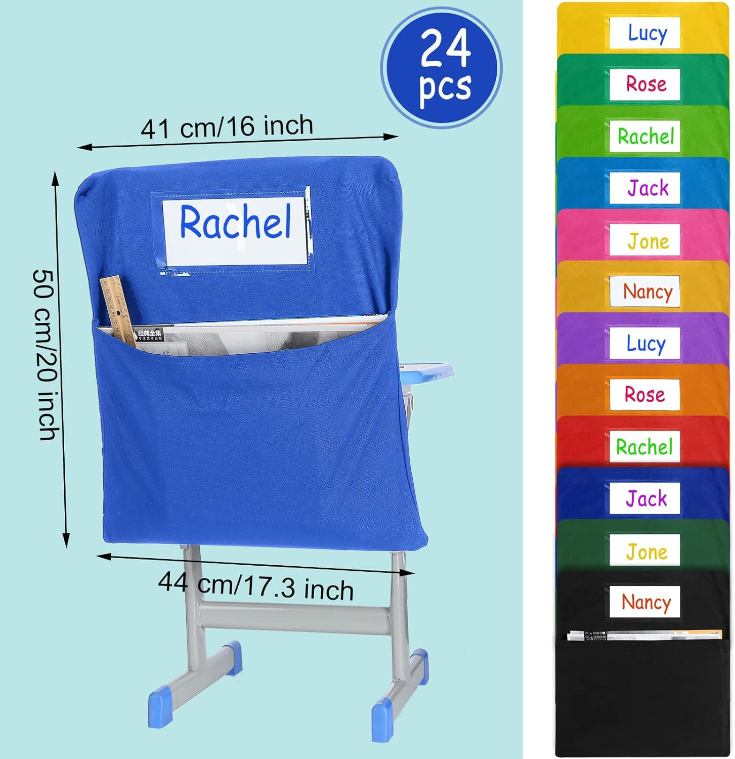 24 Pcs Classroom Chair Storage Pockets with Name Tags – Mixed Colors