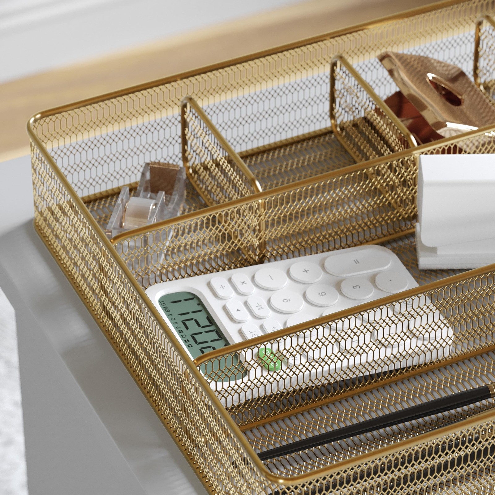 Martha Stewart Ryder Gold Mesh Metal 6 Compartment Large Desk Drawer Organizer