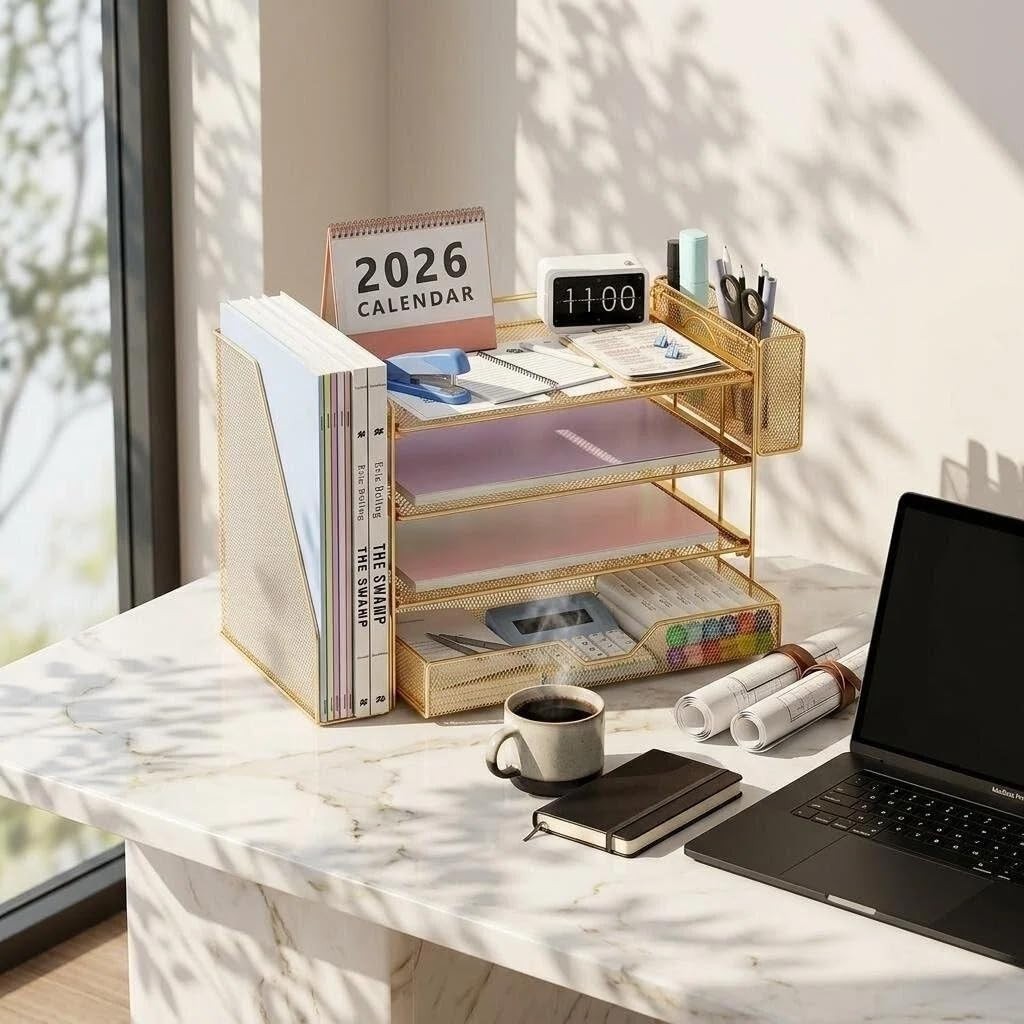 Stylish Gold Desk Organizer with Sliding Drawer & Pen Holder – Easy Assembly