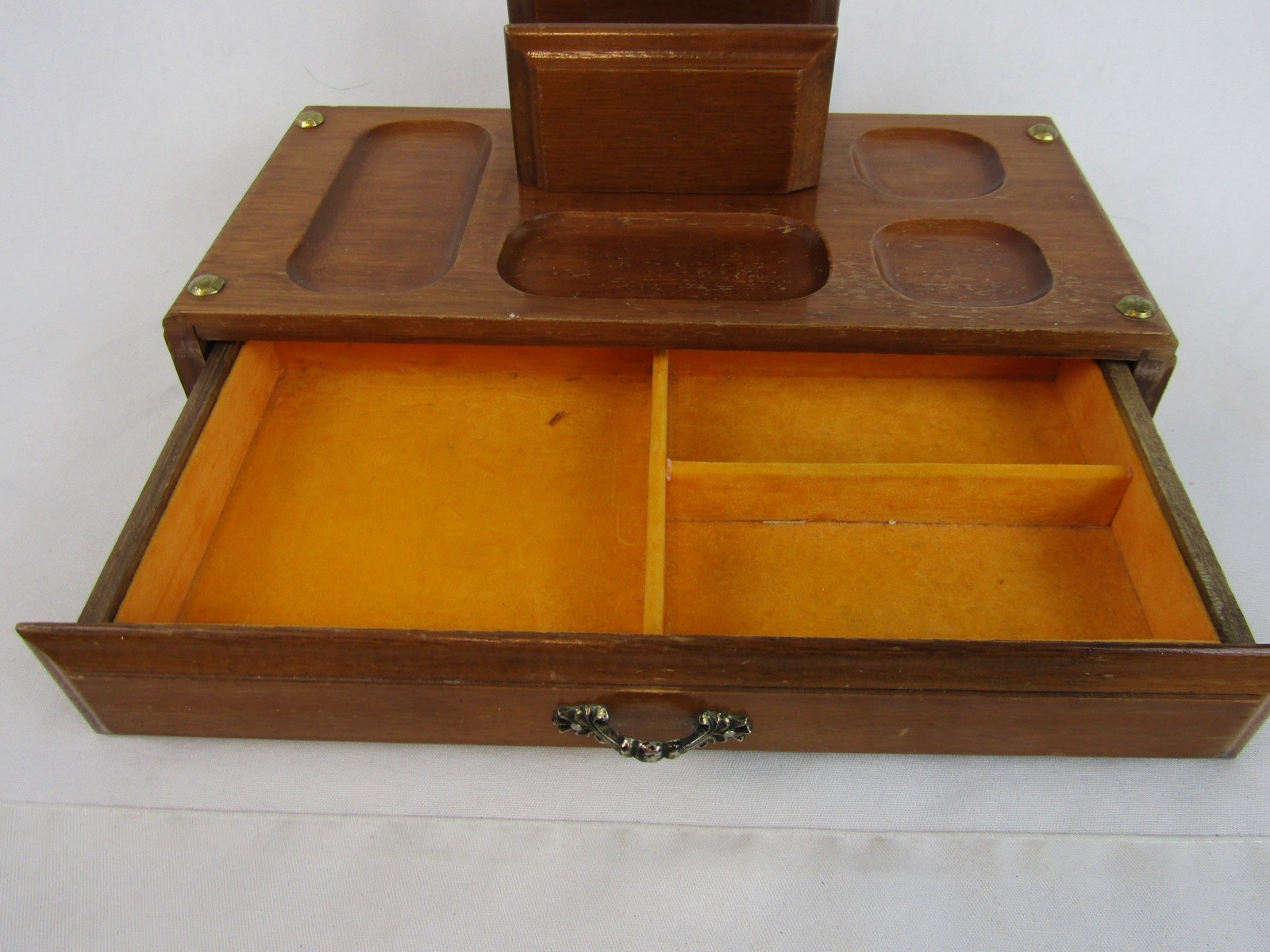 Vintage Centurion Wood Desk Caddy-Brown-Felt Lined Drawer-Envelope Holder-EUC