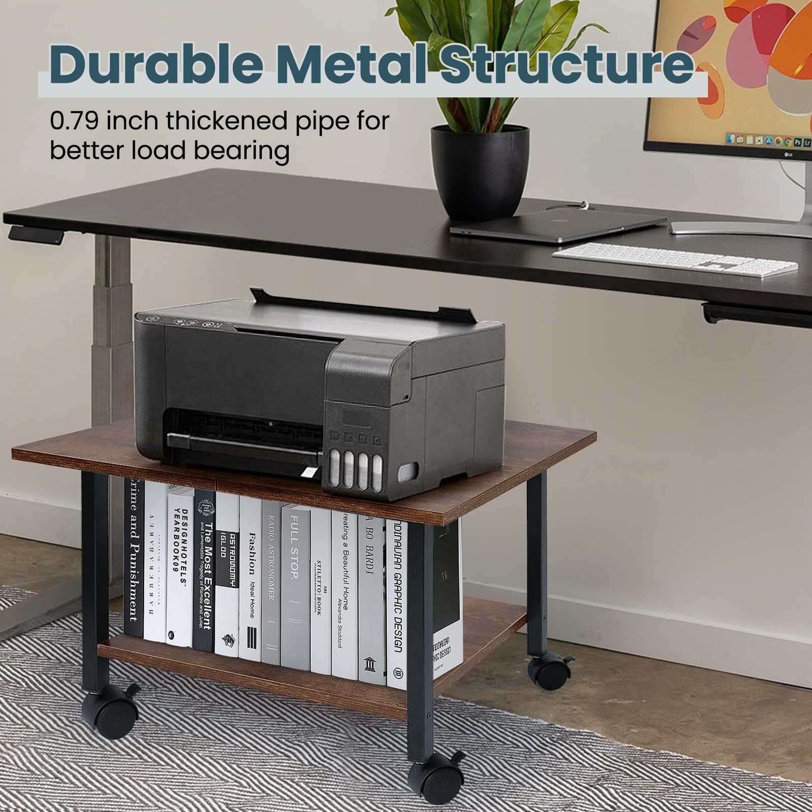 SwaaVee Printer Stand with Storage Under Desk Shelf, Desktop Rustic Brown