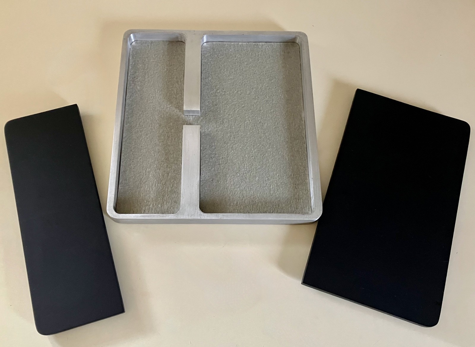 VINT MID CENTURY MODERN DESK ORGANIZER ALUMINUM & BLACK MELAMINE OLIVETTI STYLE