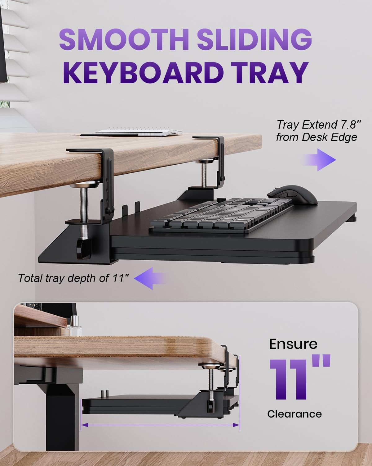 Zontera Ergonomic Keyboard Tray Under Desk, Pull Out with Large, Black