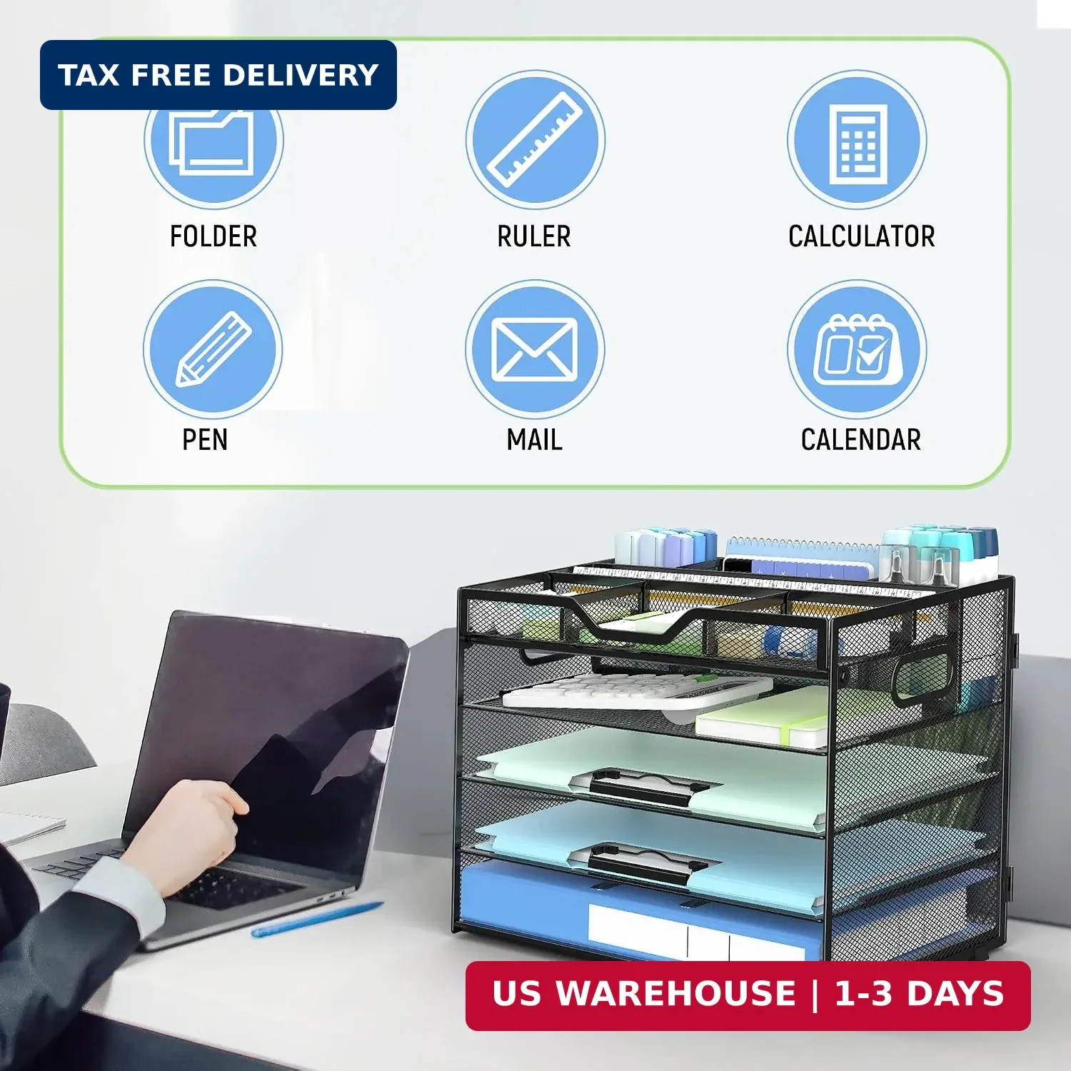 Docnest 5 Tier Mesh Desk Organizer with Adjustable Compartments – Stackable Lett
