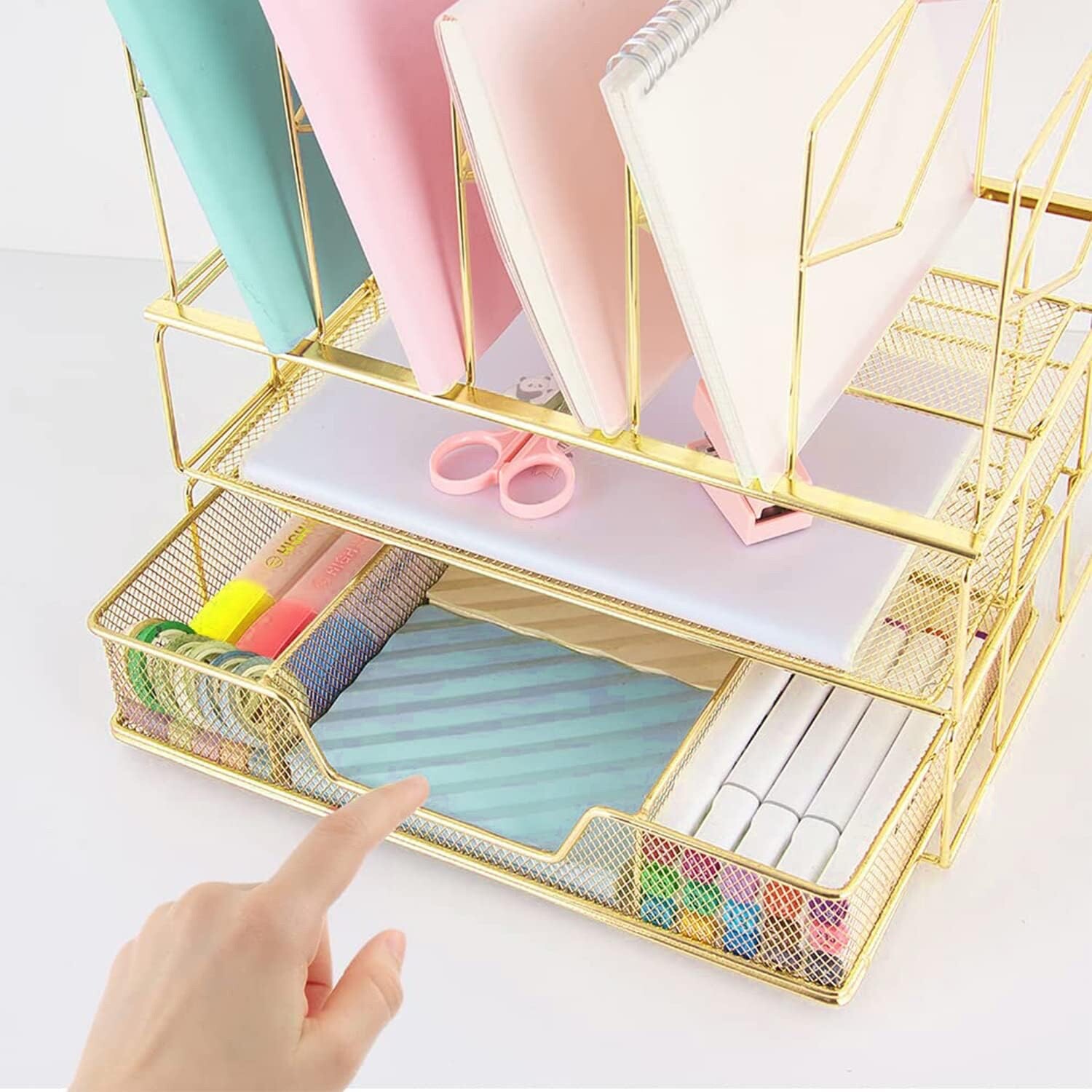 Mesh Desk Organizer with Sliding Drawer, Double Tray and 5 Upright Sections