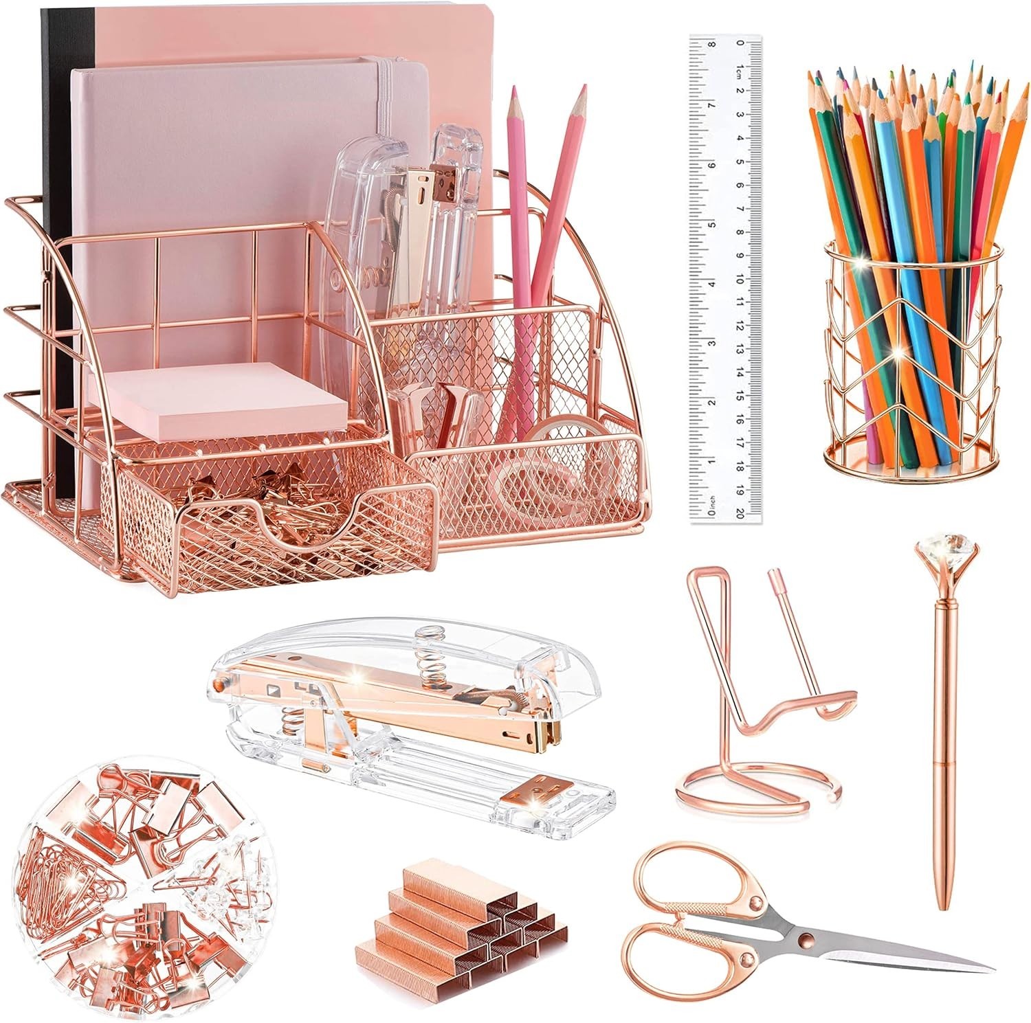 Elegant Rose Gold Desk Accessories Set: Includes Stapler, Clips & More