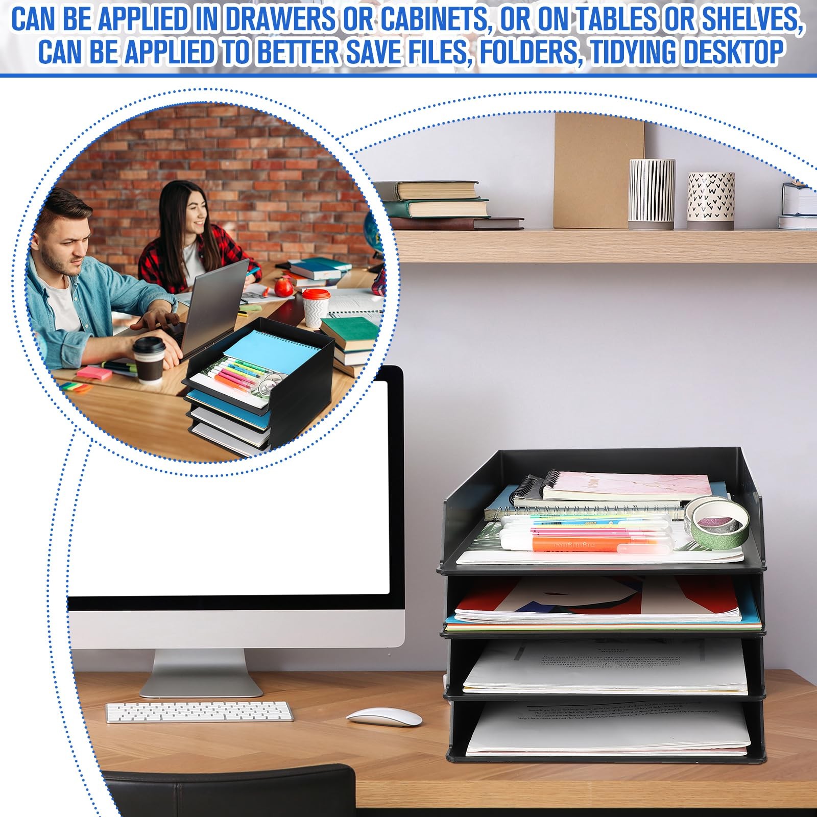 Stackable Paper Trays Rectangular Plastic Desktop File Organizer Black 4 PCS