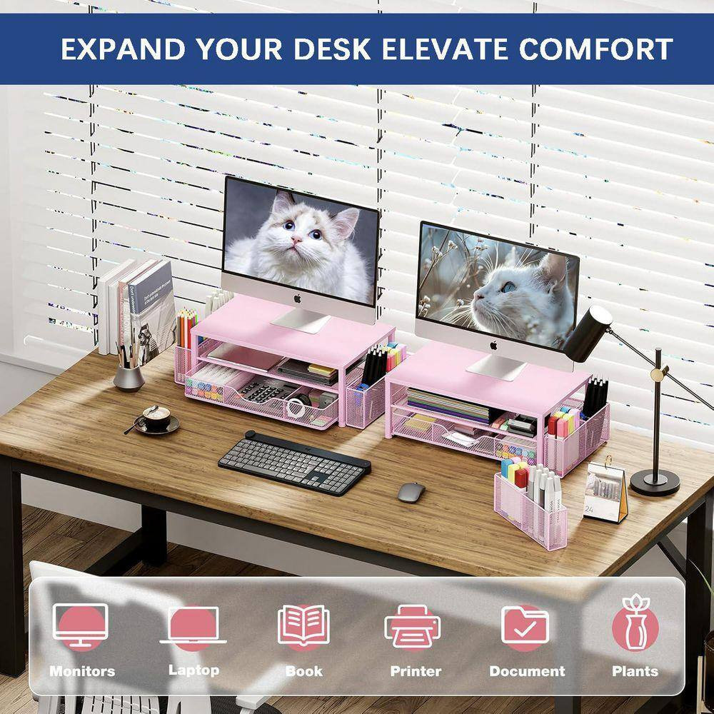Pink 15.5 In. X 6.3 In. Metal Modern Desk Organizers with Drawer and 2 Pen Holde