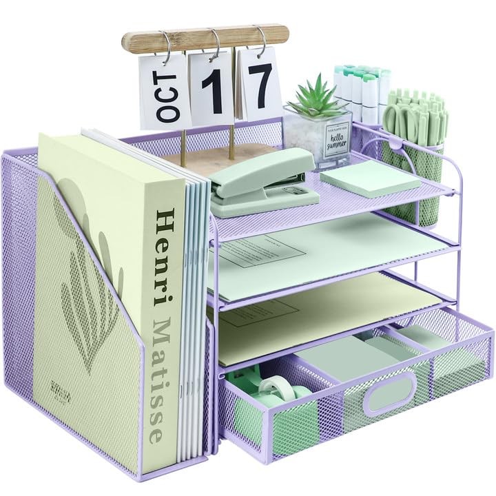 4 Tier Desk File Organiser with Extra Vertical File Sorter, Paper Letter Tray…
