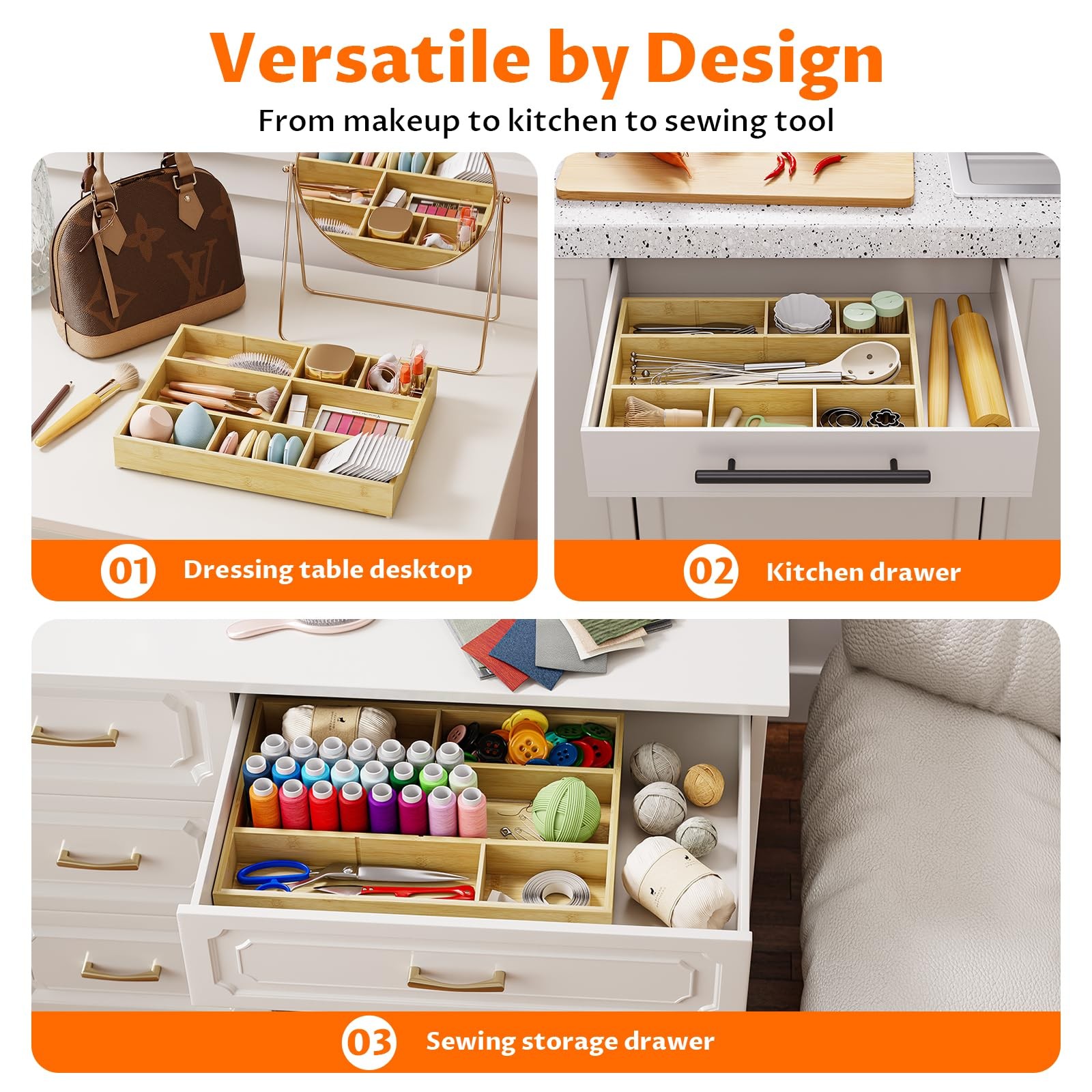 VA1KENE Bamboo Drawer Organizer with 9 Adjustable 9 Compartments,