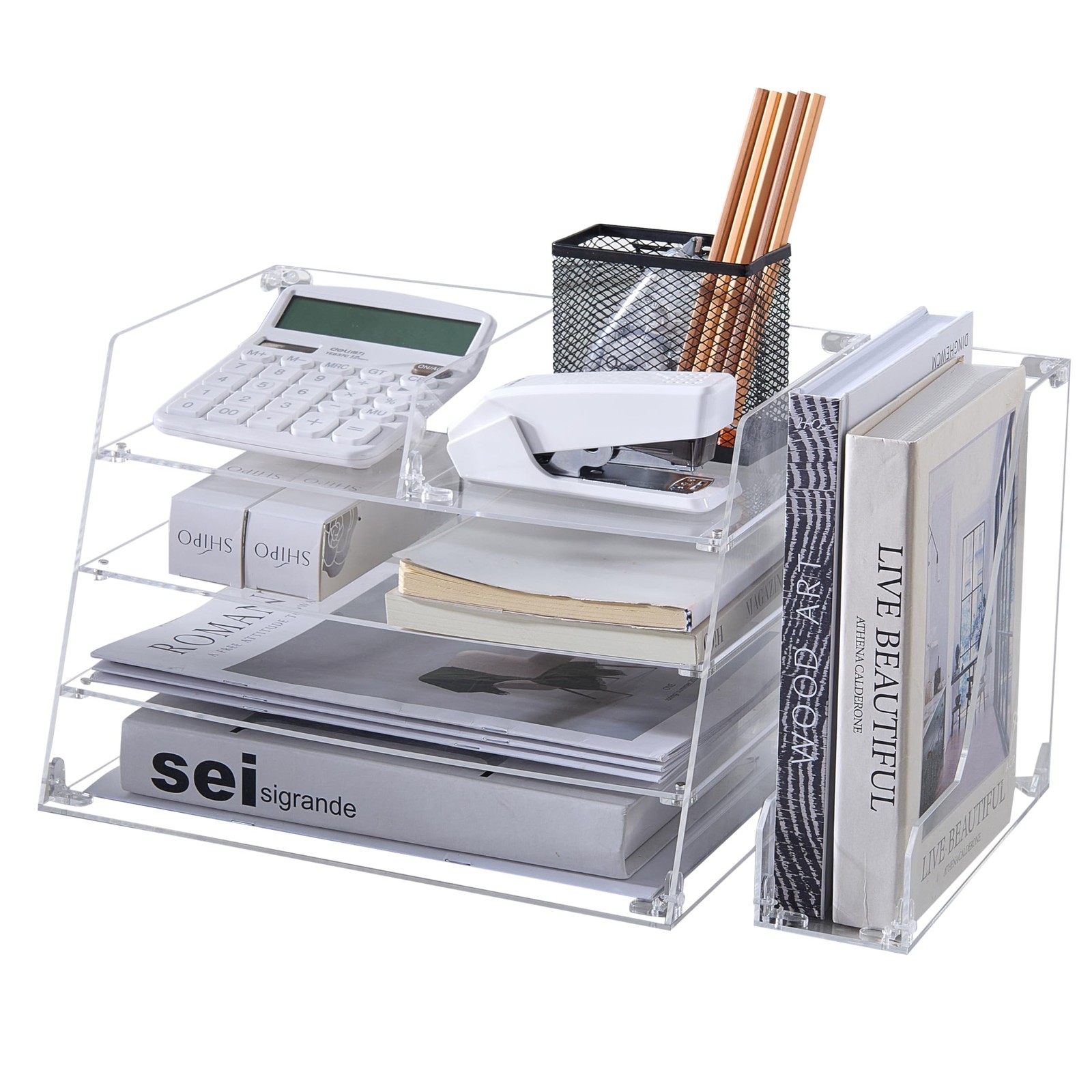, Acrylic Desk Organizer – 4-Tier Tray with Vertical File Holder for Books, S…
