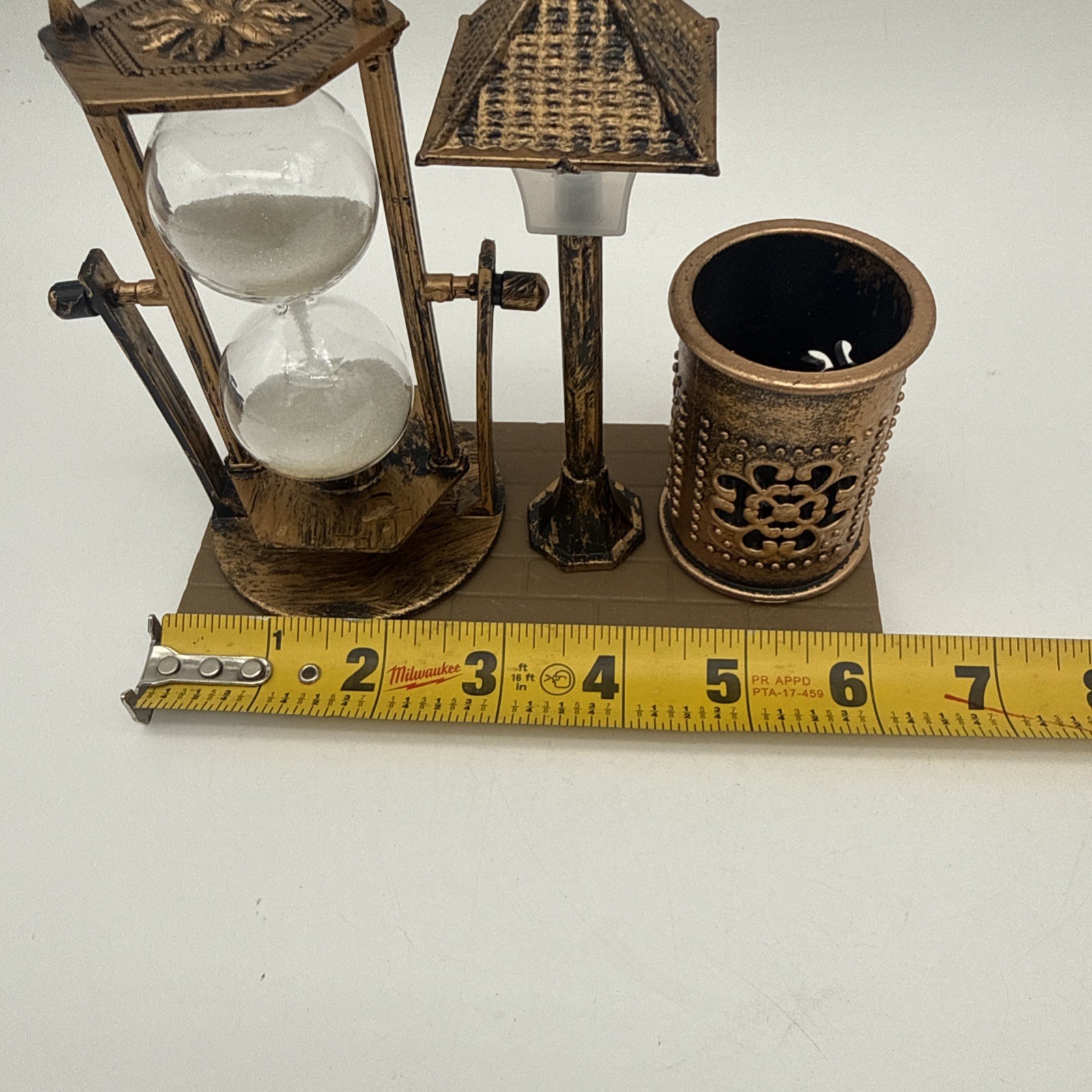 Vintage Desk Organizer Set with Hourglass Timer Bronze Pen Holder Decor, New USA