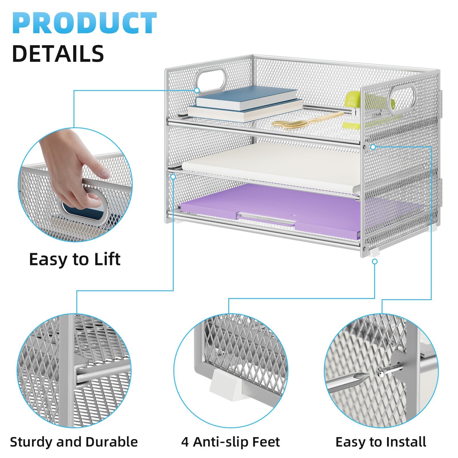 Marbrasse 3 Tier Paper Organizer Letter Tray, Mesh File Organizer with Handle…