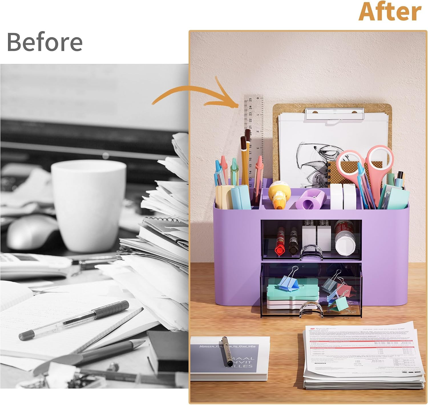 Pen Organizer with 2 Drawer, Multi-Functional Pencil Holder for Desk, Desk Organ