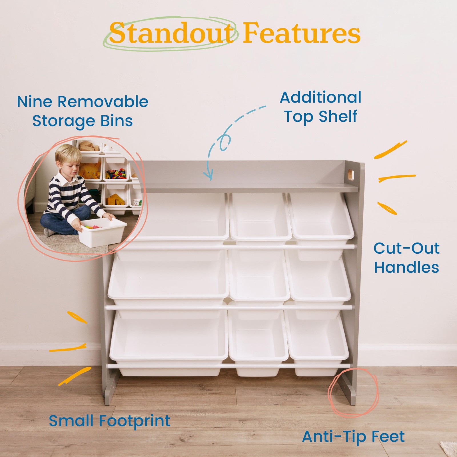 3-Tier Organizer with Shelf and 9 Removable Plastic Bins, 3×3, Toy Storage, G…