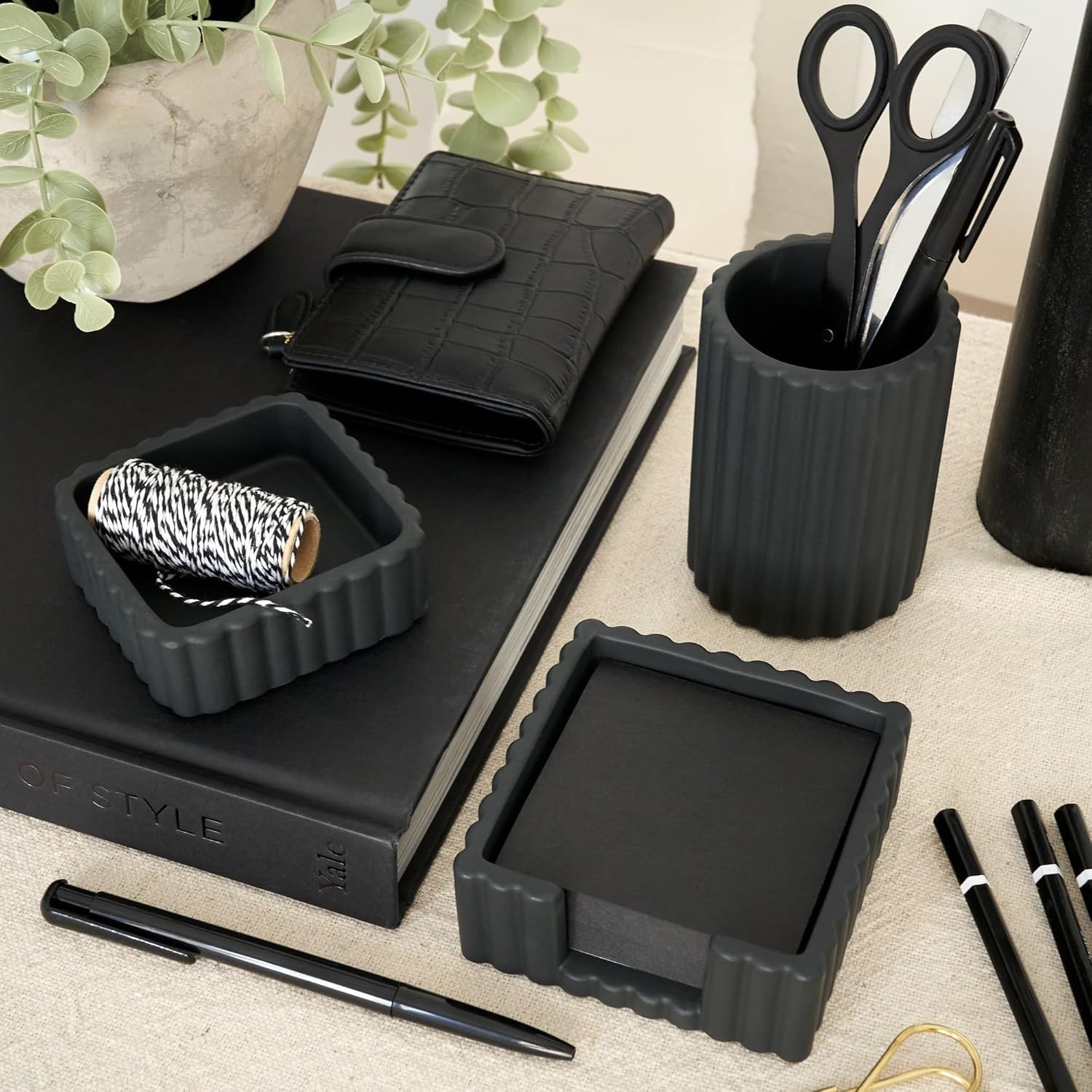 Modern Concrete Desk Organizer Set for Pens & Supplies – Black Brushed Finish