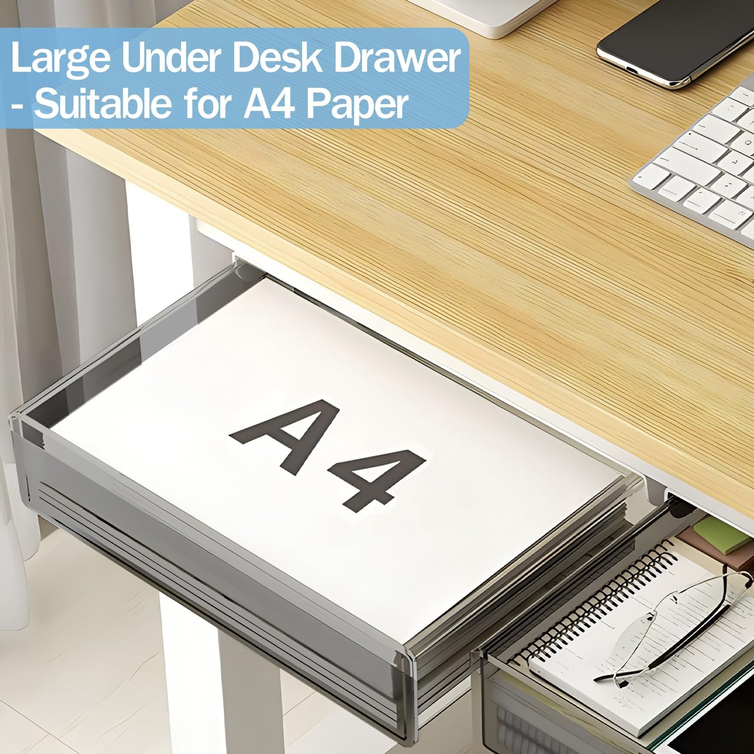 Large Under Desk Table Drawer Storage Organizer A4 Hidden SelfAdhesive Tray