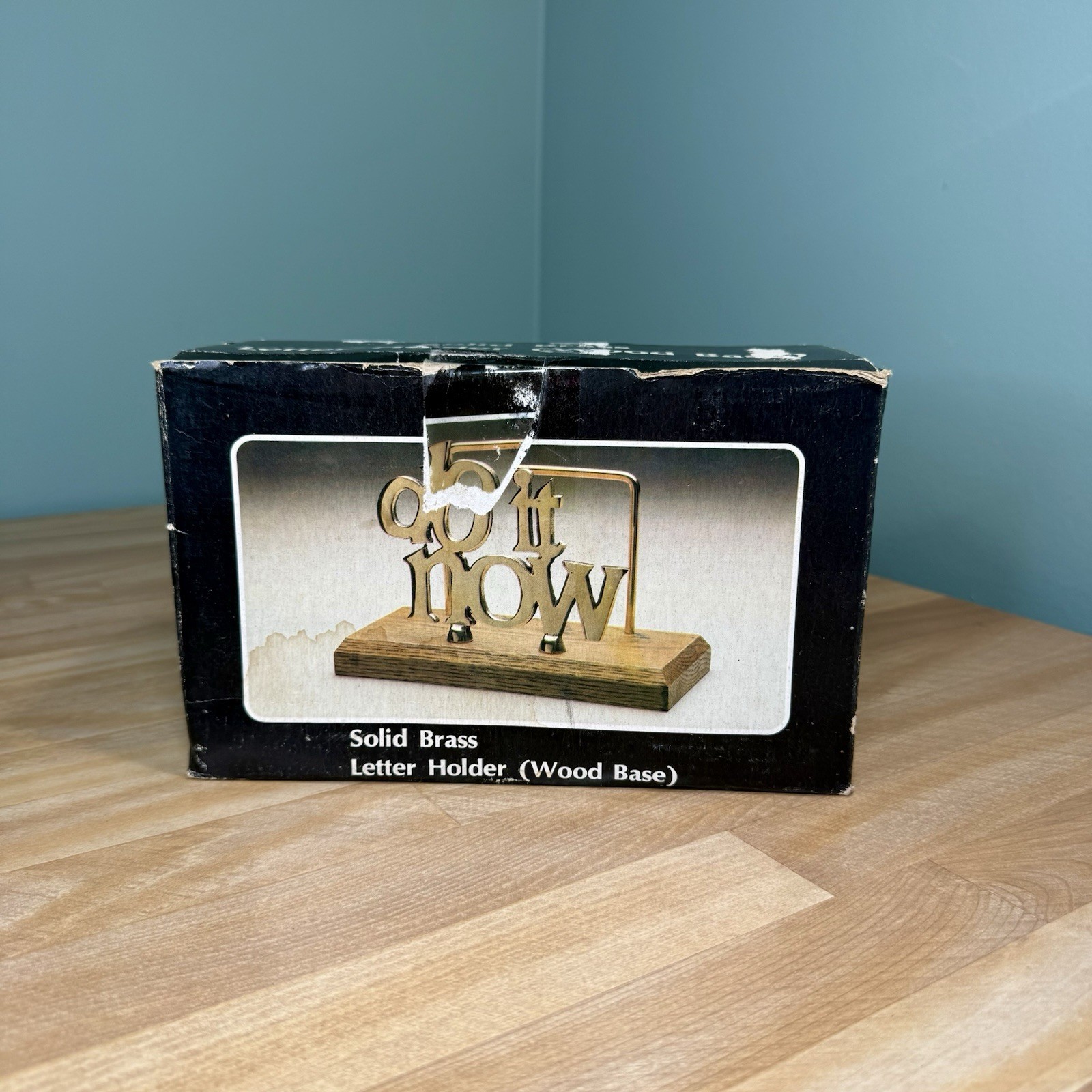 NEW 80s Retro Brass Wood Desk File Letter Holder Stand Office DO IT NOW w/ Box