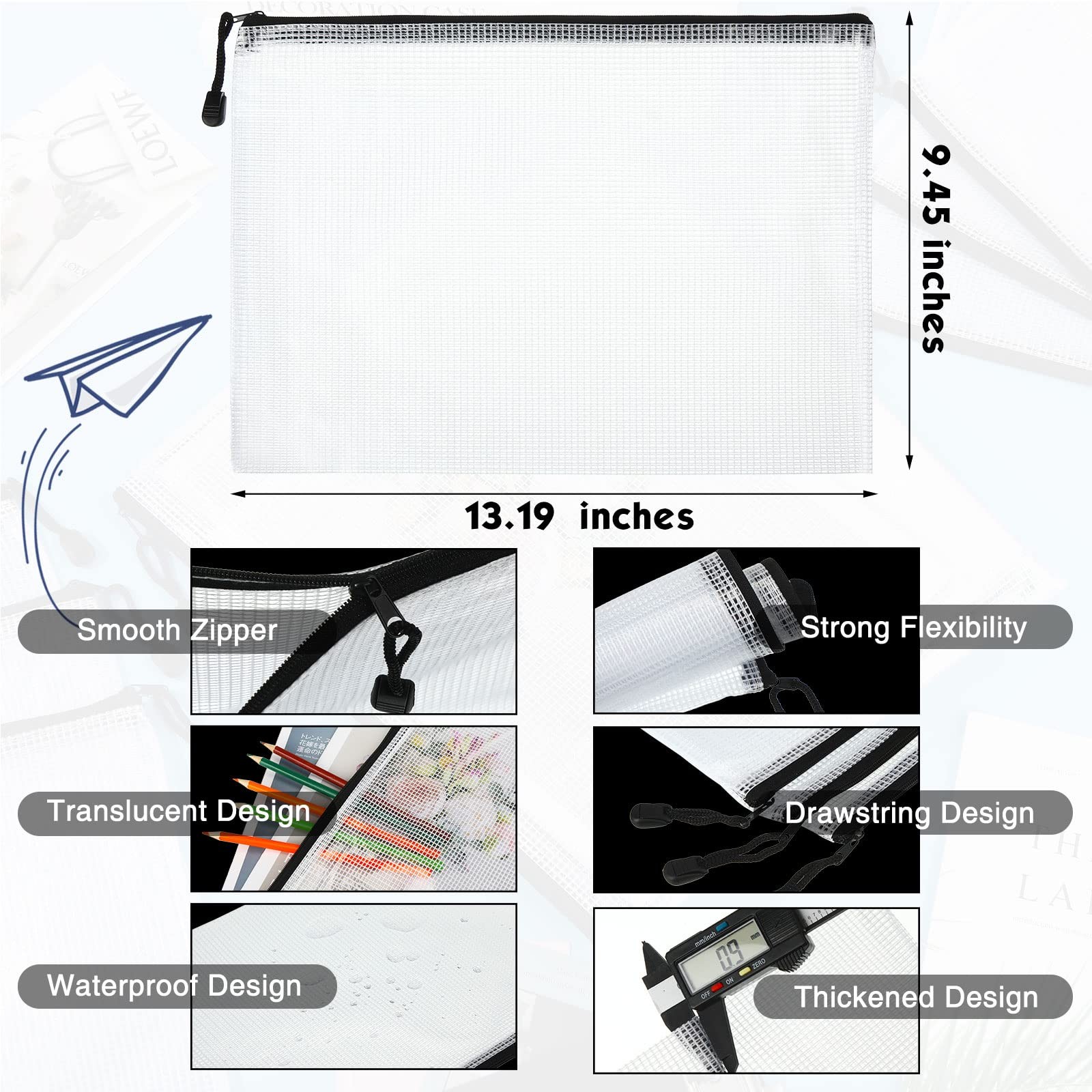 Zhehao 100 Pcs A4 Mesh Zipper Pouch Bag Bulk Mesh Pouch Zipper Waterproof Clear