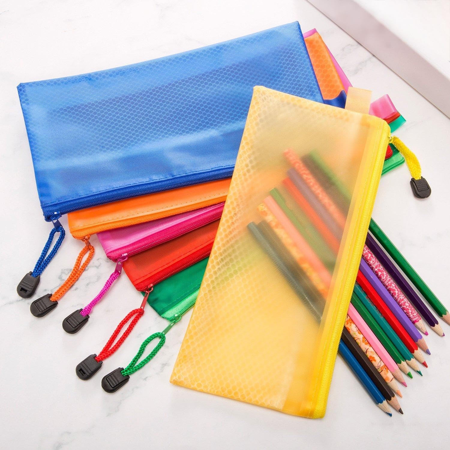 12 Pieces 6 Colors Pencil Pouch Zipper File Bags Waterproof Plastic Double Layer